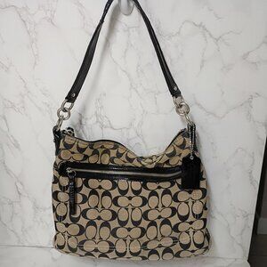 COACH Signature Poppy Perri Hobo Bag with Black Patent Leather Strap